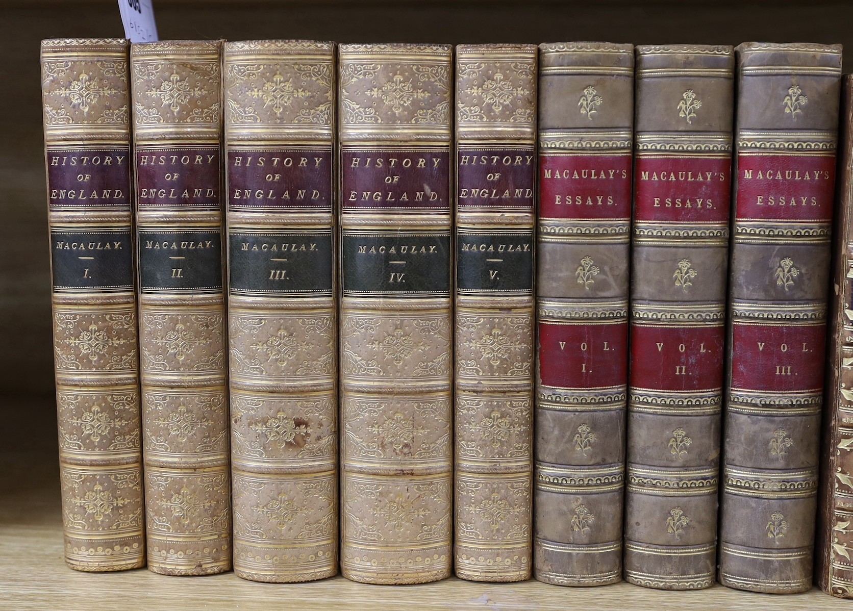 Macaulay, Thomas Babbington. 1st Baron Macaulay - The History of England, 5 vols, (3rd editions of vols 1 &2) 8vo, tree calf gilt, Longman, Brown, Green, and Longmans, London, 1849-61 and Critical and Historical Essays,